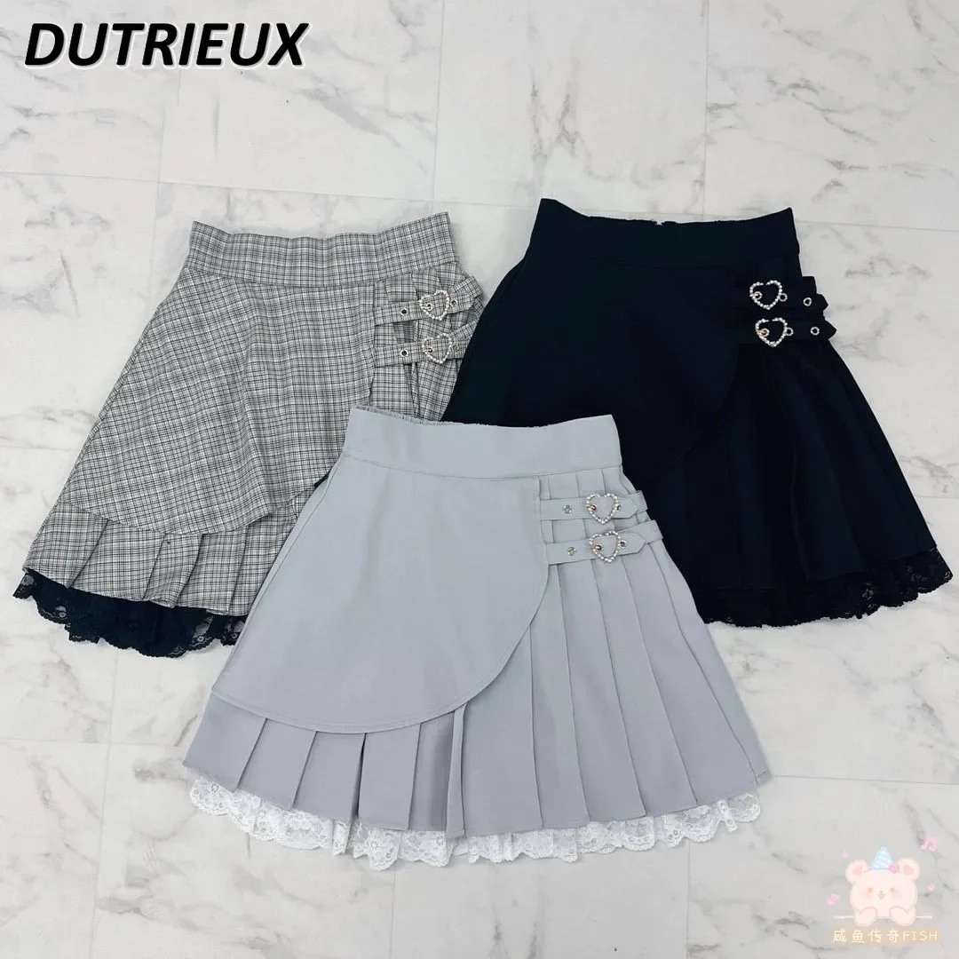 Rojita Summer New Love Decorative Plaid Pleated Skirt Women Fashion Irregular Mine Series Sweet All-Matching Short Skirt Faldas