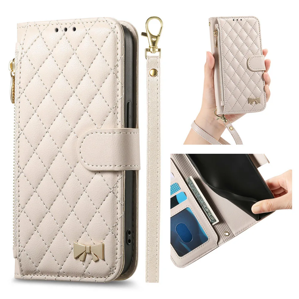 Luxury Leather Flip Case with Zip Wallet and Lanyard Wrist Strap