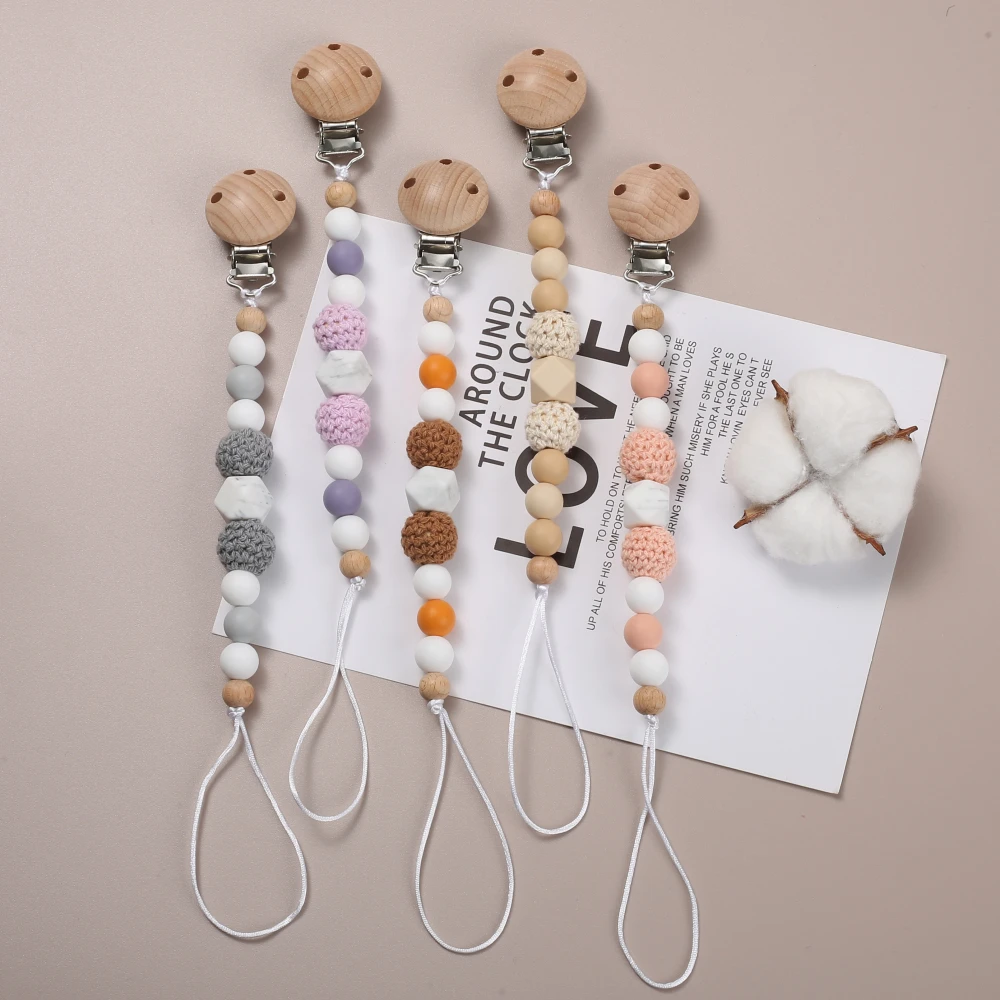 Beech Wood Dummy Holder Clips Wooden Crochet Ball Silicone Beaded Baby Pacifier Chain Food Grade Appease Nipple Chain Care Toy