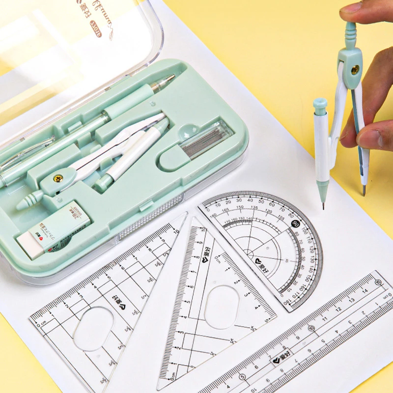 8 In1 Drawing Ruler Compass Set,With Ruler Protractor Compass Eraser Refill & Storage Box,Math For Students Stationery Accessori