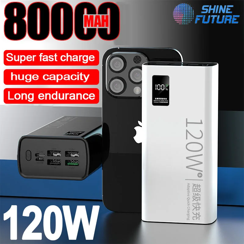 

80000MAH Power Bank 120W Super Fast Charging Powerbank Portable Battery Charger For Xiaomi iPhone Samsung HUAWEI Spare Battery