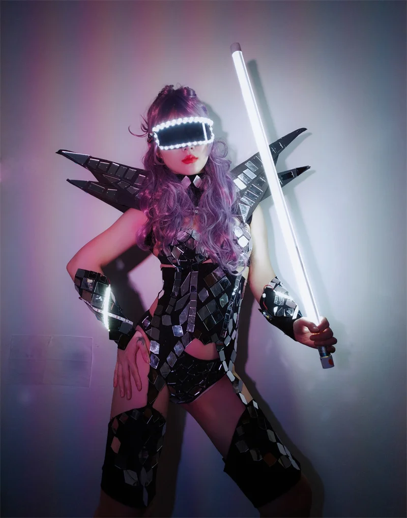 

Black luminous technology mirror lens clothing futuristic female gogods patrol bar