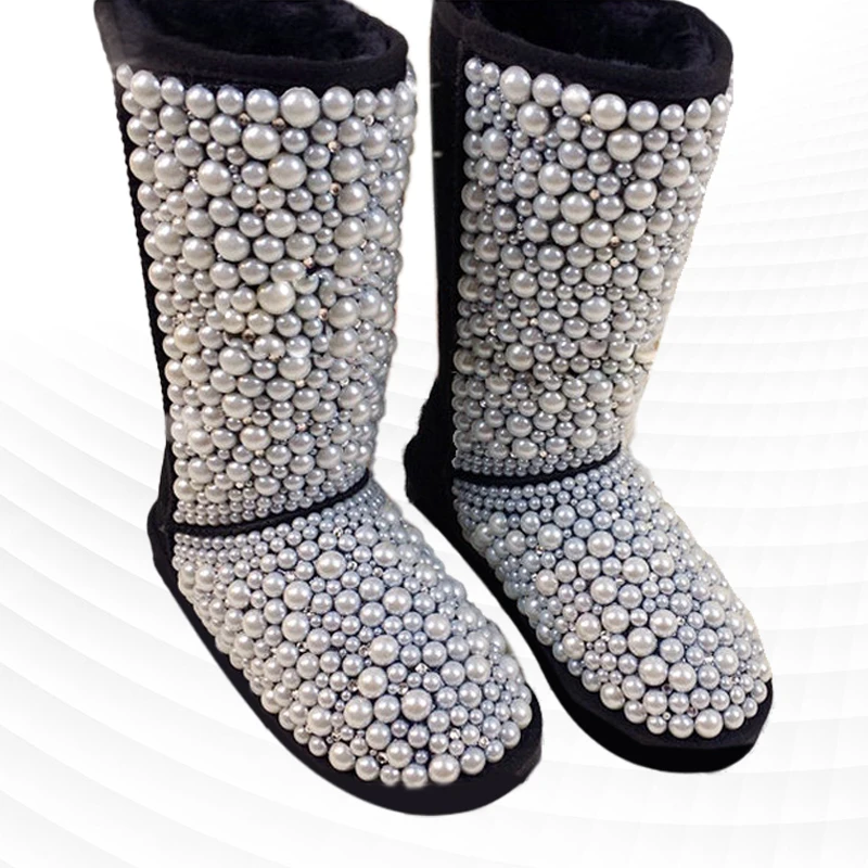 

Black pearl accessories and calf custom style Uggs fur in one large size women's boots 35-44