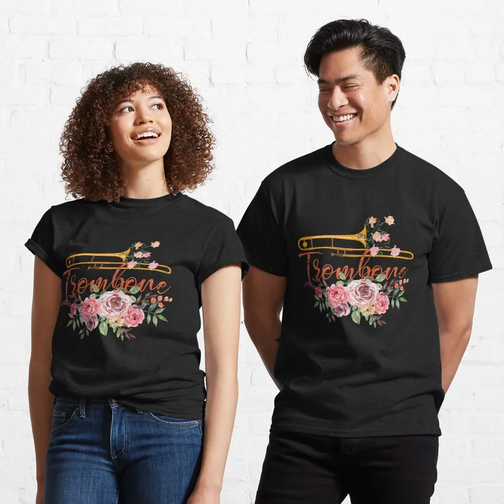 

Flowers Trombone Classic T-Shirt Unisex T-shirts For Man Woman Couple Short Summer Tees Casual Cotton New Arrival