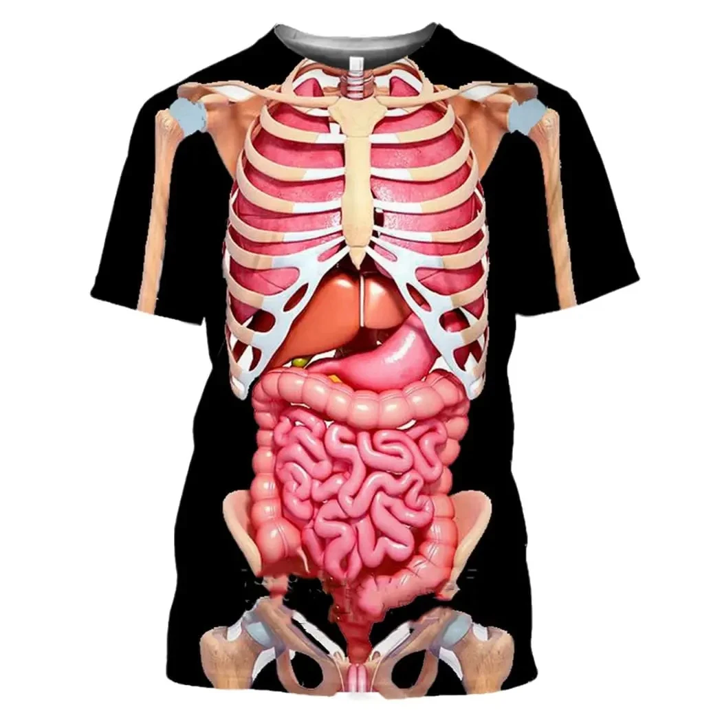 3D 인쇄 남성 해골 내부 장기 그래픽 T 셔츠 남성용 인간 구조 다이어그램 반팔 재미 있은 T-셔츠 탑 티