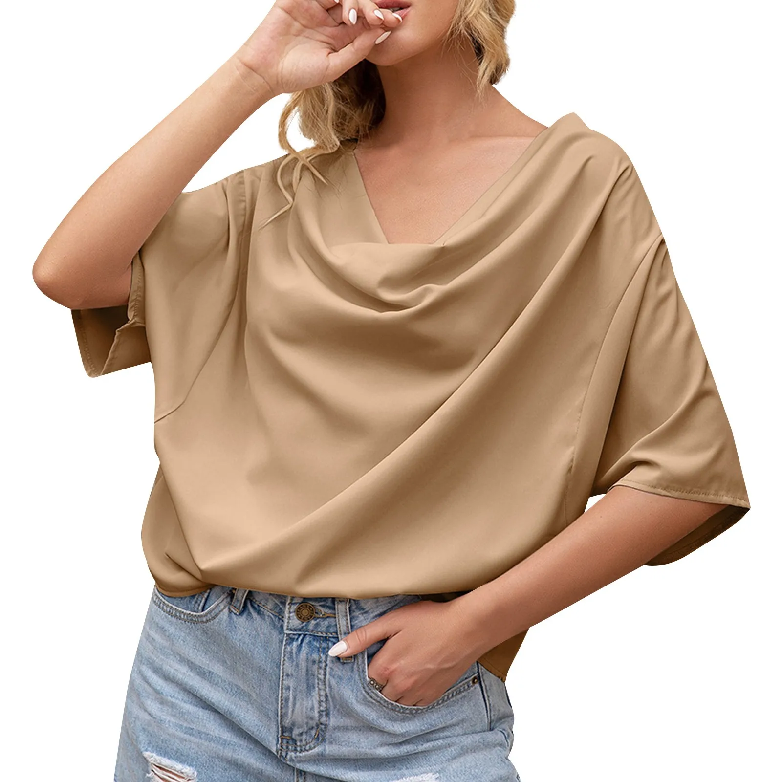 

Ladies Casual Fashion Sexy Pleated Solid Color V-neck Loose Top dames kleding 2024 zomer playeras de mujeres camisetas femininas