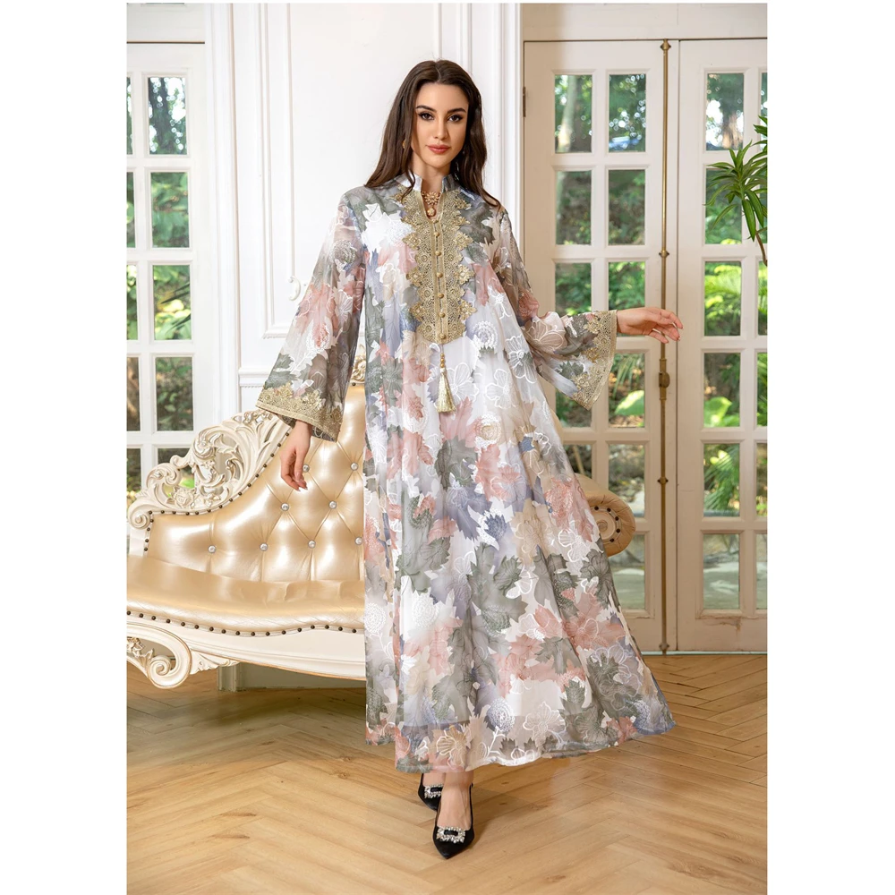 

Floral Print Abaya Muslim Women Eid Party Long Maxi Dress Turkey Kaftan Arab Ramadan Islamic Morocco Evening Dubai Jalabiya Robe