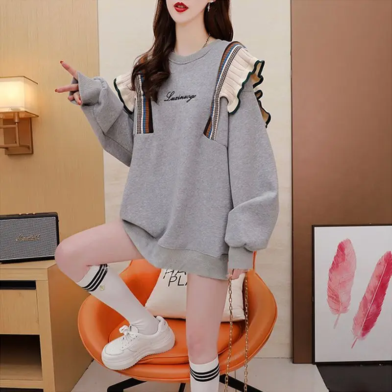 2023 Autumn and Winter Women's Pullover Round Neck Patchwork Printing Loose Fashion Casual Elegant Commuter Long Sleeve Hoodies