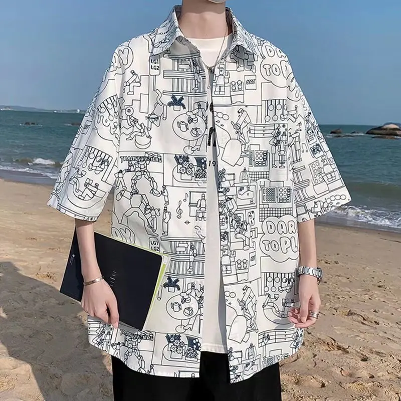 

New Hong Kong style spring personalized printing trend stand-up collar shirt loose large size fashion casual shirt for boys
