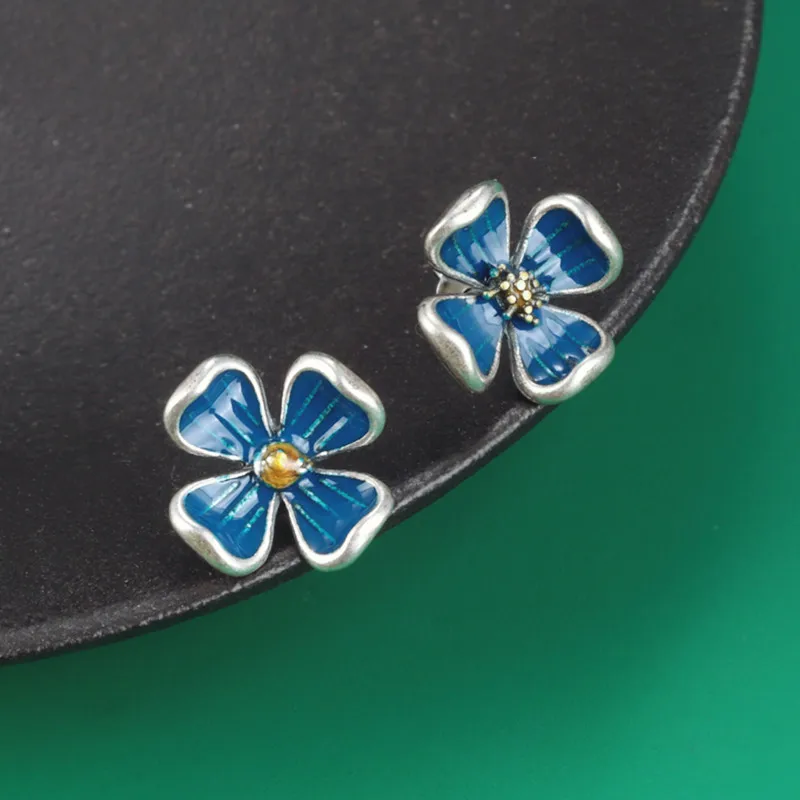 

100% 925 Sterling Silver Enamel Small Stud Earrings for Women Girls Retro Ethnic Blue Flower Earrings Jewelry Wholesale EH146