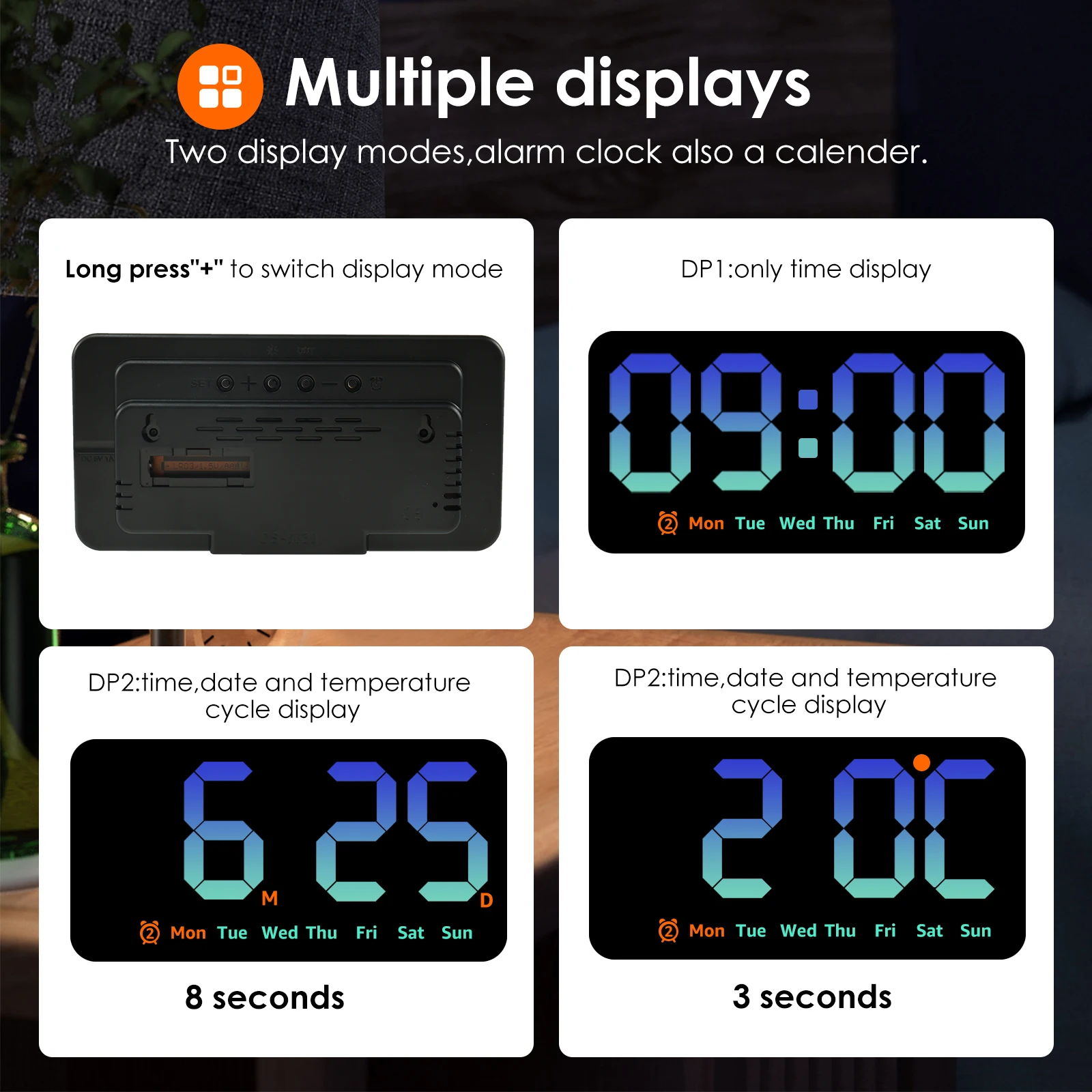 Large Display LED Digital Wall Clock with Date, Temperature, and Dual Alarm
