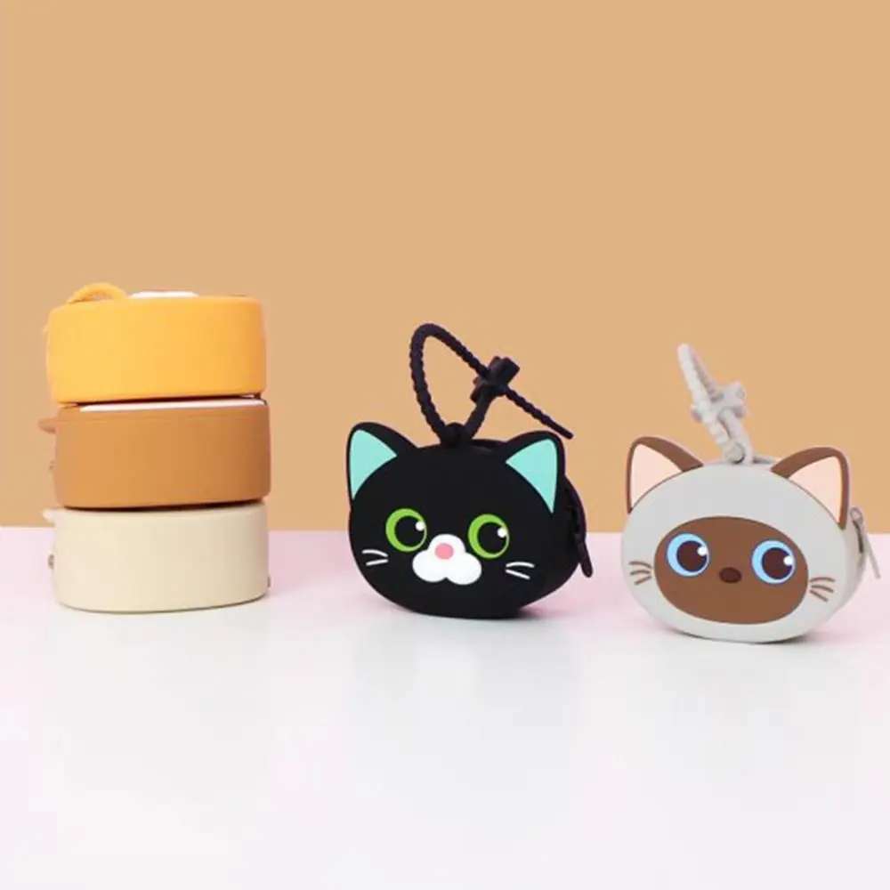 Cute Cartoon Cat Silicone Coin Purse with Keyring Portable Data Cable Earphone Storage Bag Organizer for Women
