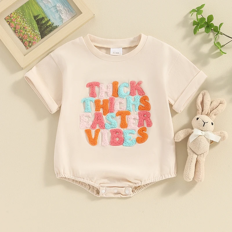 

Infant Baby Romper Letter Embroidery Round Neck Roll Up Short Sleeve Bodysuits Jumpsuits for Boys Girls Easter Clothes