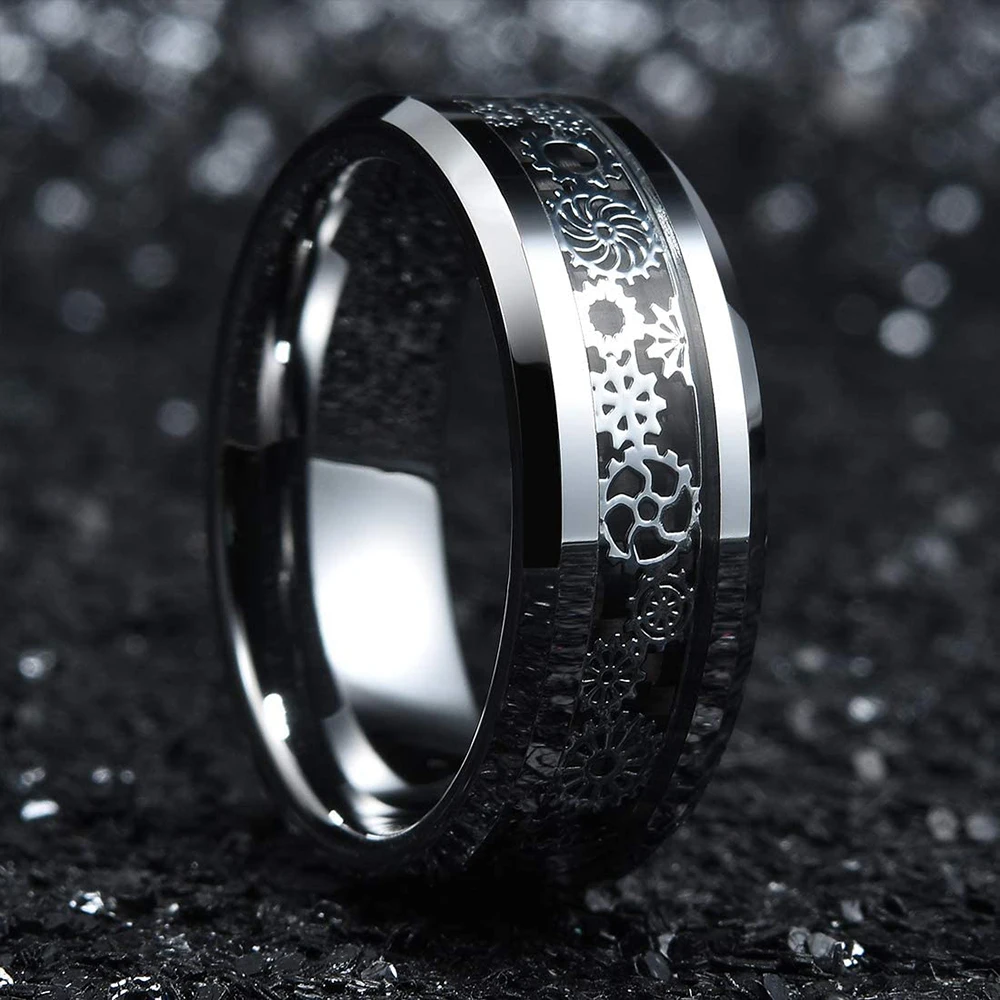 Vintage Men Steampunk Gear Wheel Stainless Steel Ring Silver Color Celtic Dragon Inlay Black Carbon Fiber Ring Mens Wedding Band jewelry rings