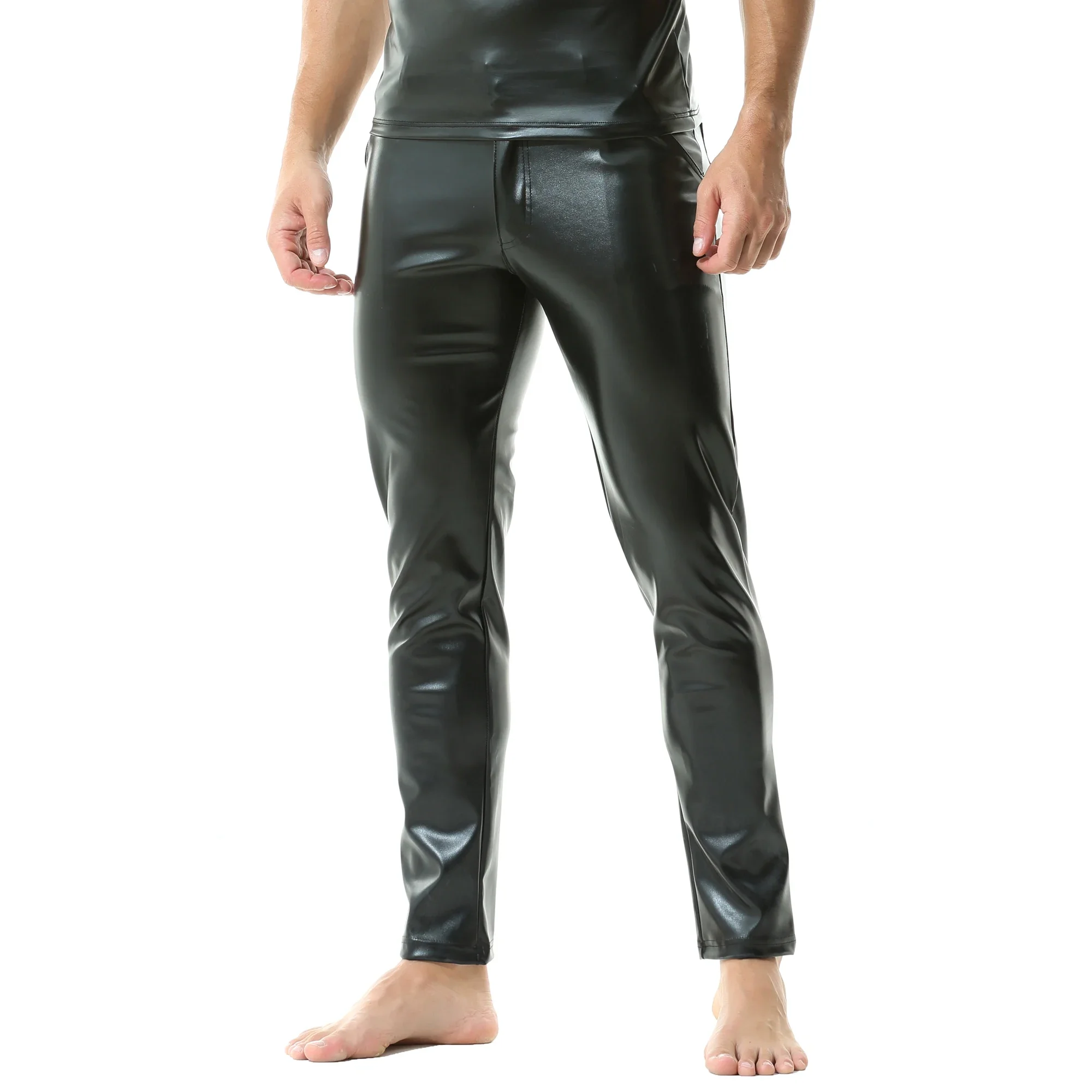 Men Fashion Rock Style PU Leather Pants Man Faux Leather Slim-fit Motorcycle Trousers Leather Pant Bikers Trouser Nightclub Wear