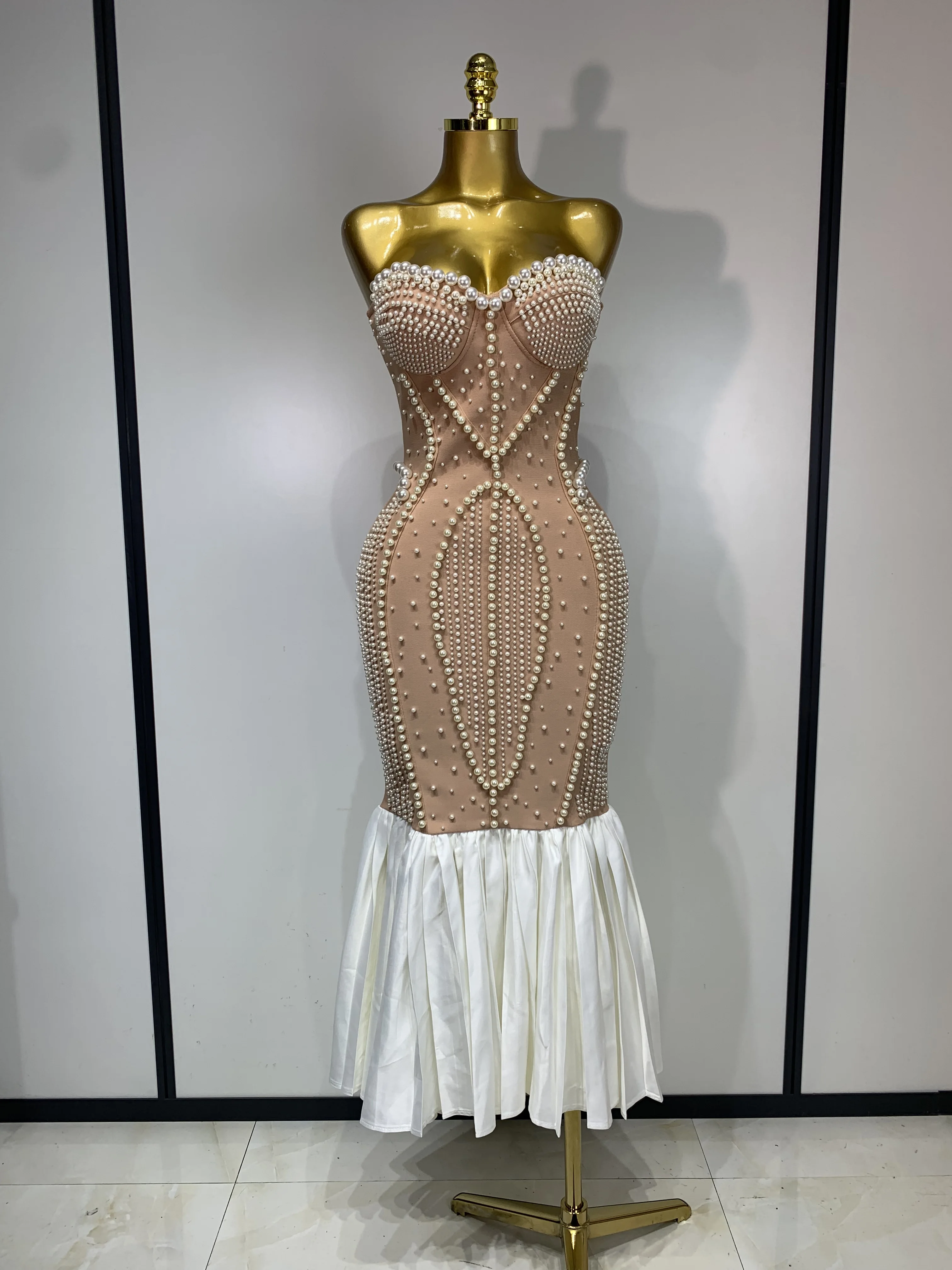Luxury Women Sexy Strapless Backless Pearl Maxi Long Bandage Dresses Luxury  Birthday Party Elegant Knitted Bodycon Prom Gown - AliExpress 200000345