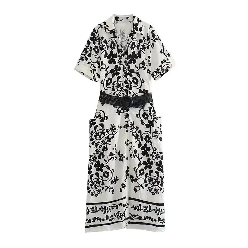 

TRAF Women Vintage Black Flower Print Buckle Sashes Shirt Midi Dress Female Chic Short Sleeve Buttons A Line Vestidos
