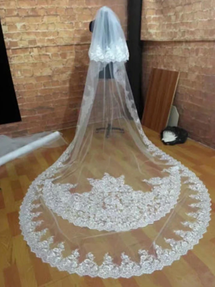 

Long Cathedral Wedding Bridal Veil With Comb White Ivory Full Lace Edge Applique