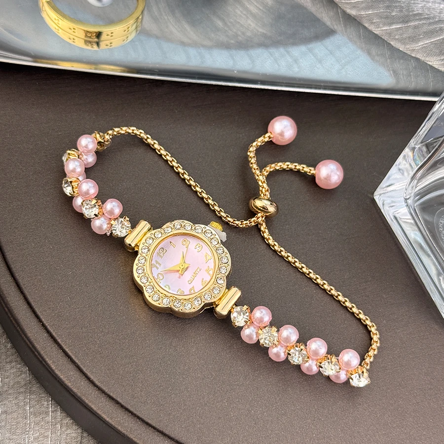 French Romantic Pearl Slide-On Bracelet Watch for Women with Flower Diamond Inlay Fashion Quartz Timepiece Lady's Accessory - 2