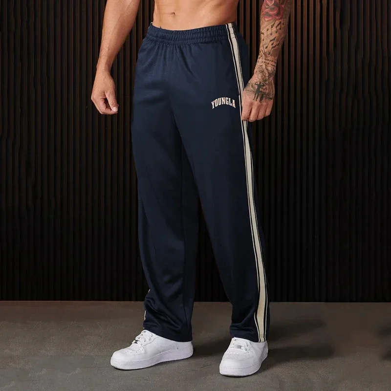 

YOUNGLA American style New Men's Sweatpants Weaving belt splicing printed casual pants Gym Sports Fitness Mid Waist trousers