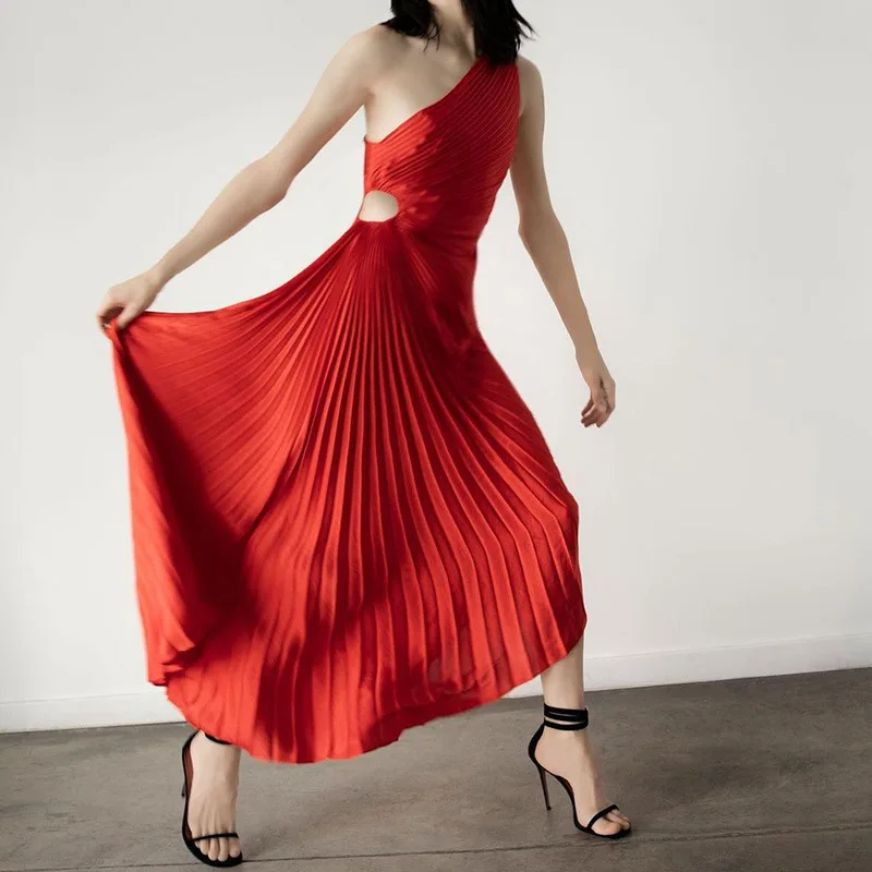 Women's Fashion Solid Color One Shoulder Slim Fit Dress Spring Summer New  Dress Women's Sexy Pleated Elegant Party Formal Dress  Porpop