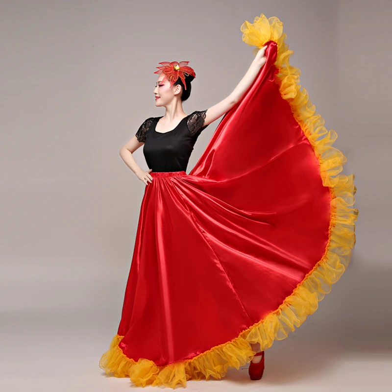 360/540/720 Womens Ruffle Long Full Spanish Bull Folkloric Mexican Flamenco Bomba Y Plena Skirt Flowy Dancing Dress Costume