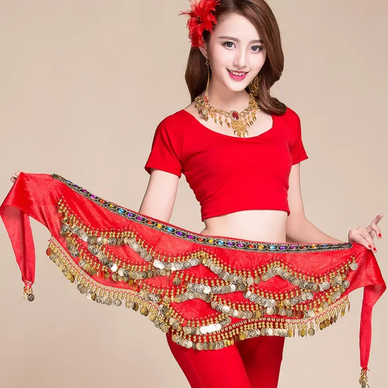 

Women's Sweet belly dance belt newest multi-color glass silk belly dancing belt scarf crystal bellydance waist chain hip scarf