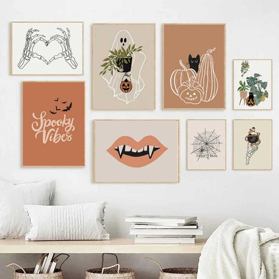 Plant Halloween Ghost Fangs Skeleton Fall Wall Art Canvas Painting Nordic Posters And Prints Wall Pictures For Living Room Decor
