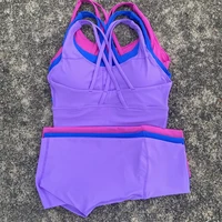 Solid Color Women Soft Gym Yoga Set Cycling Short Legging 2pc Cross Sport Bra Tracksuit Suit Comprehensive Training Jog Athletic 2