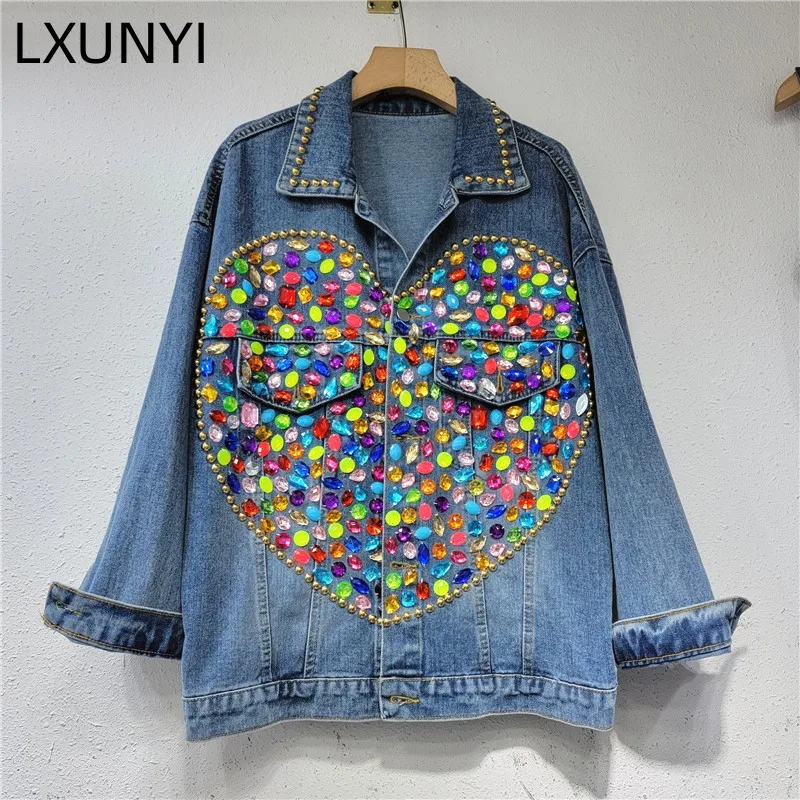 

LXUNYI 2023 Autumn New Heavy Design Women Denim Coat Long Sleeve Multicolour Love Diamond Loose Fashion Jean Jackets Rivet Blue