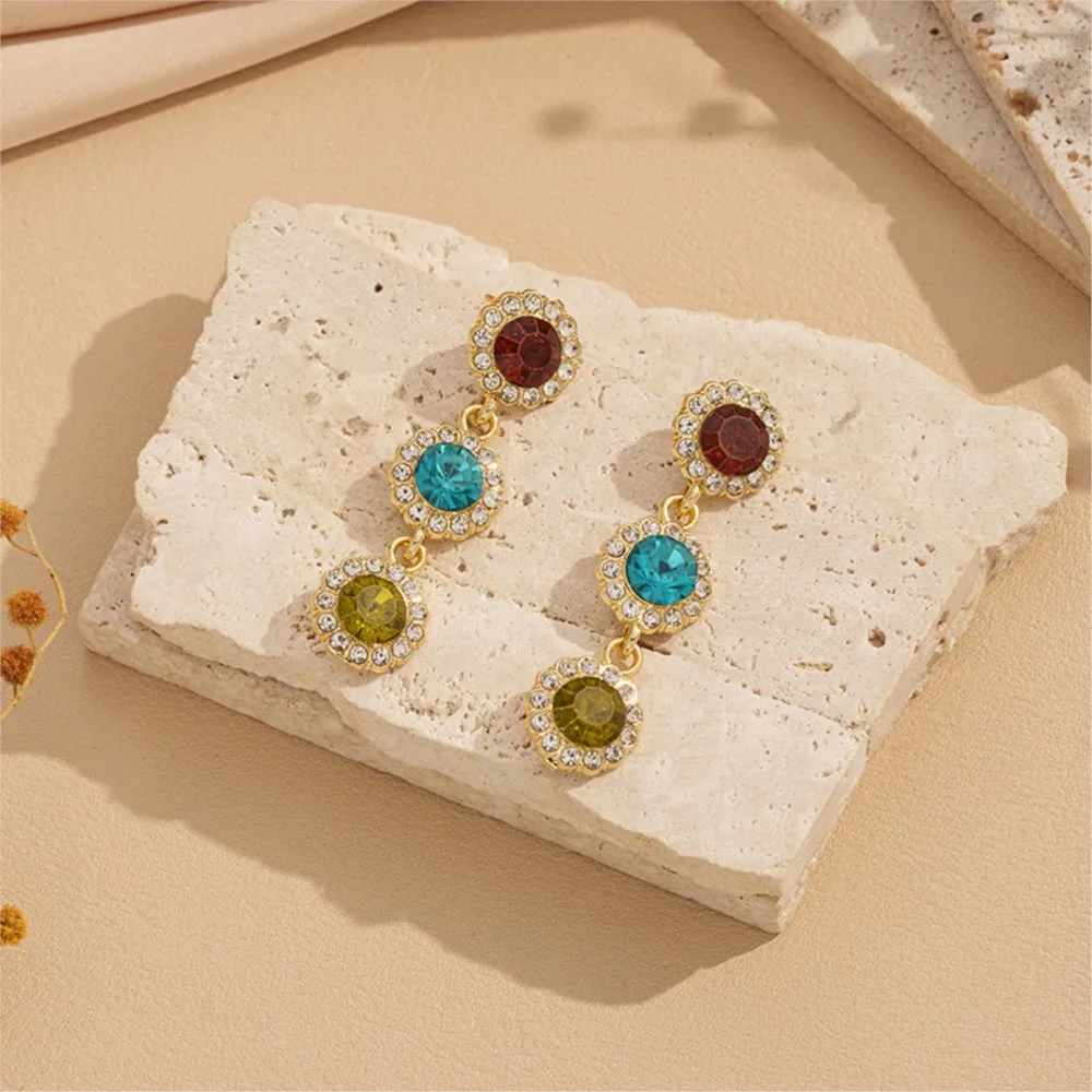 Elegant Colorful Round Rhinestone Drop Earrings for Women Light Luxury Shiny Zircon Stud Earrings Party Jewelry Gifts