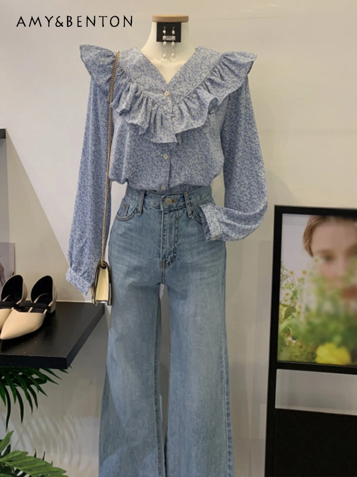 French Sweet Retro V-neck Ruffled Printed Long Sleeve Shirts for Women Spring New Korean Style Fashion All-Match Chiffon Blouse