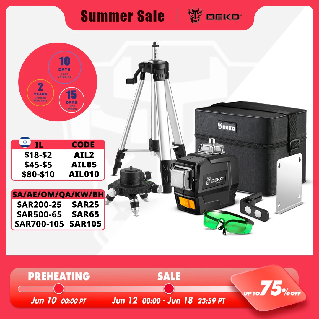 DEKO DC Series 12 Lines 3D Green Laser Level Horizontal And Vertical Cross Lines With Auto Self Leveling, Indoors and Outdoors|Laser Levels| - AliExpress