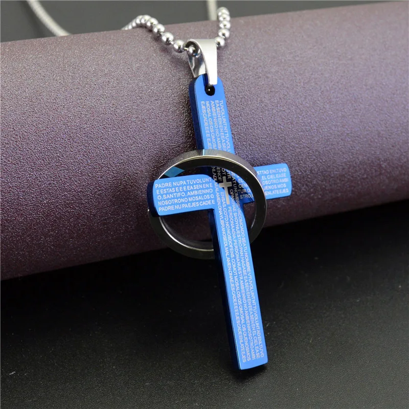 

Cross Necklace with Lords Prayer Stainless Steel Bible Verse Circle Pendant Multi Color Religious Jewelry