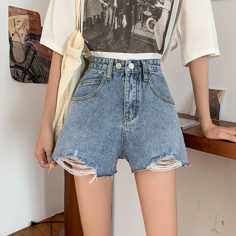 compression shorts Ailegogo New Summer Women Streetwear Loose Hole Tassel Solid Color Denim Shorts Casual Female Wide Leg High Waist Jeans Shorts burberry shorts