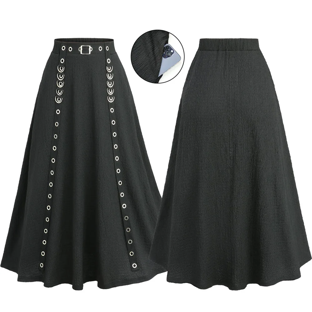 864950-c76606.jpg ROSEGAL Plus Size Women Casual Skirts Black Elastic Wais Textured Strap Buckle Grommet A Line Skirt With Pocket - Image 1