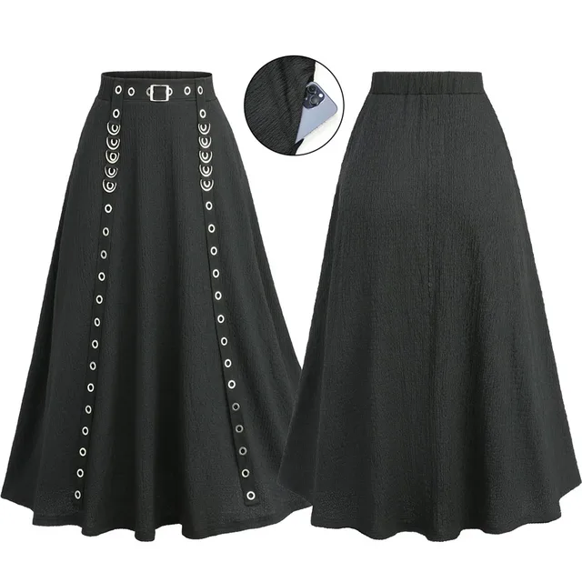 ROSEGAL Plus Size Women Casual Skirts Black Elastic Wais Textured Strap Buckle Grommet A Line Skirt With Pocket