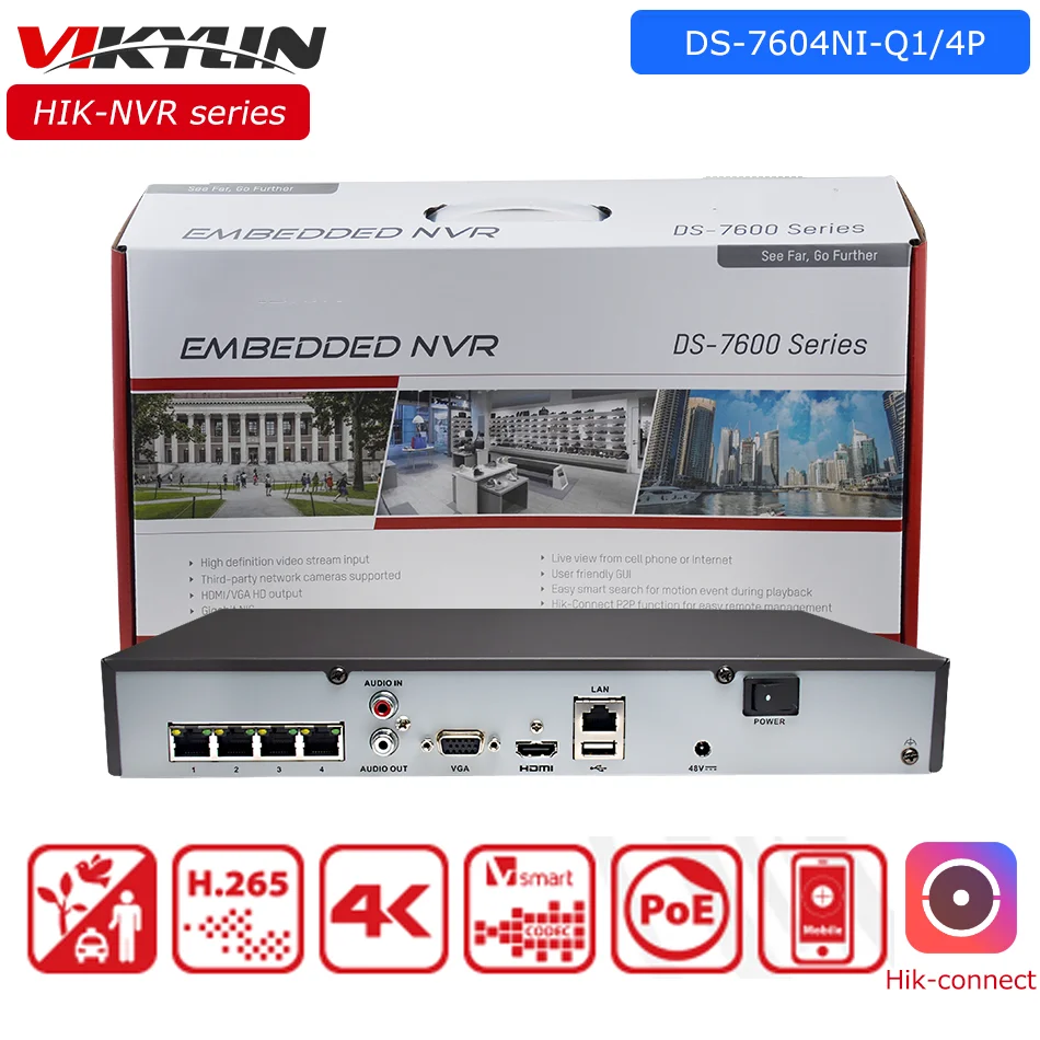Vikylin Hikvision 4Ch Poe 4K Nvr Ds-7604Ni-Q1/4P 1 Interfaccia Sata Cctv Videoregistratore Di Rete Di Sorveglianza Di Sicurezza Per Telecamera Ip