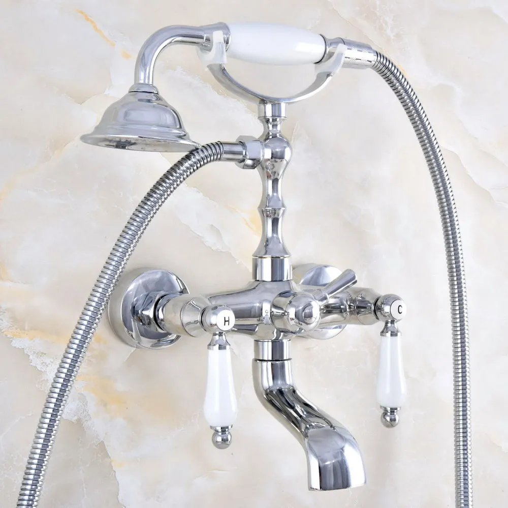 

Polished Chrome Bathroom Dual Ceramic Handles Bathtub Mixer Faucet Clawfoot Tub Mixer Tap with Handshower