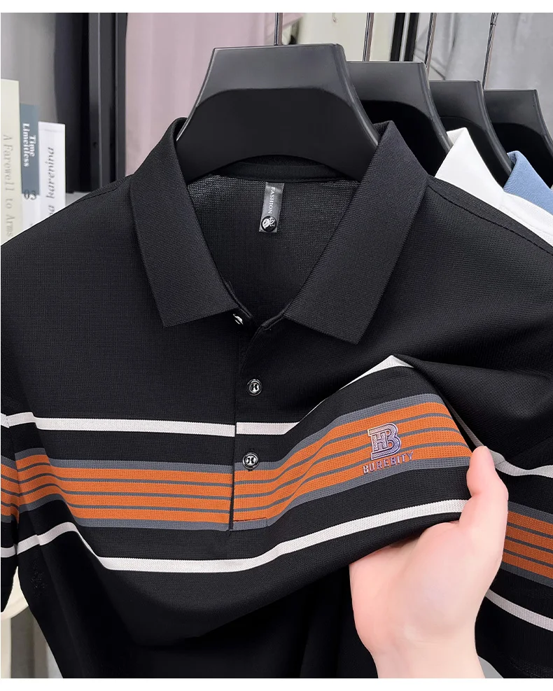 High end brand striped short sleeve polo shirt fashion exquisite letter embossed lapel casual comfortable breathable men T-shirt 23