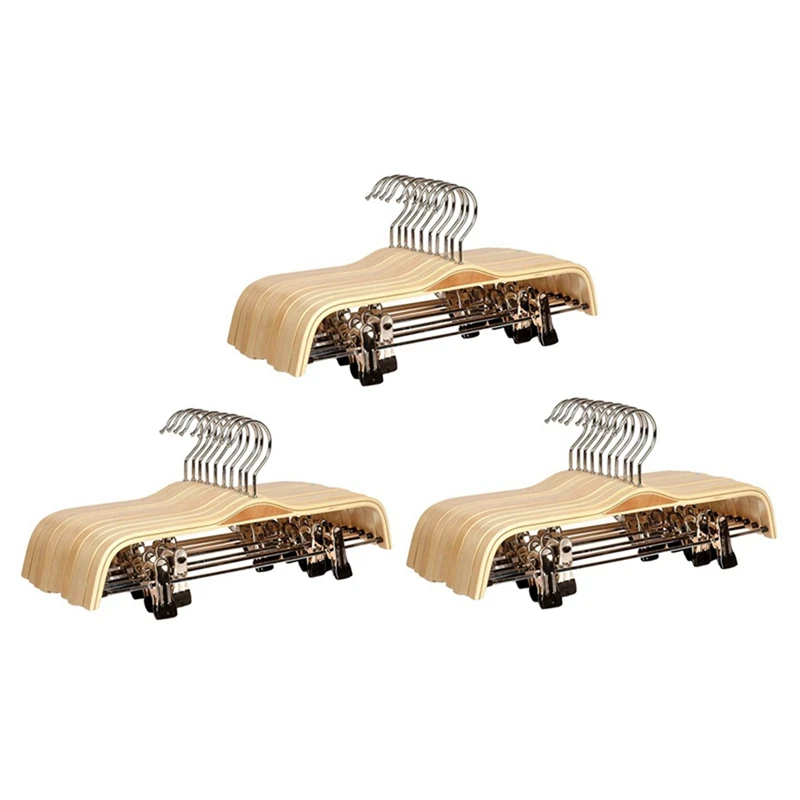 

30 Pack Solid Finish Wooden Trousers/Skirt Hangers With Anti-Rust Clips Coat Clothes Hangers