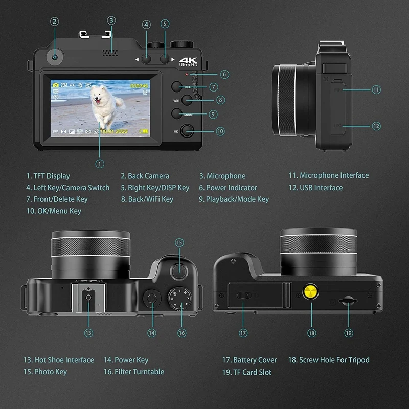 3In IPS Screen Digital Camera HD Digital Camera For Photography, Dual Cam Front And Rear With Autofocus Face Detect