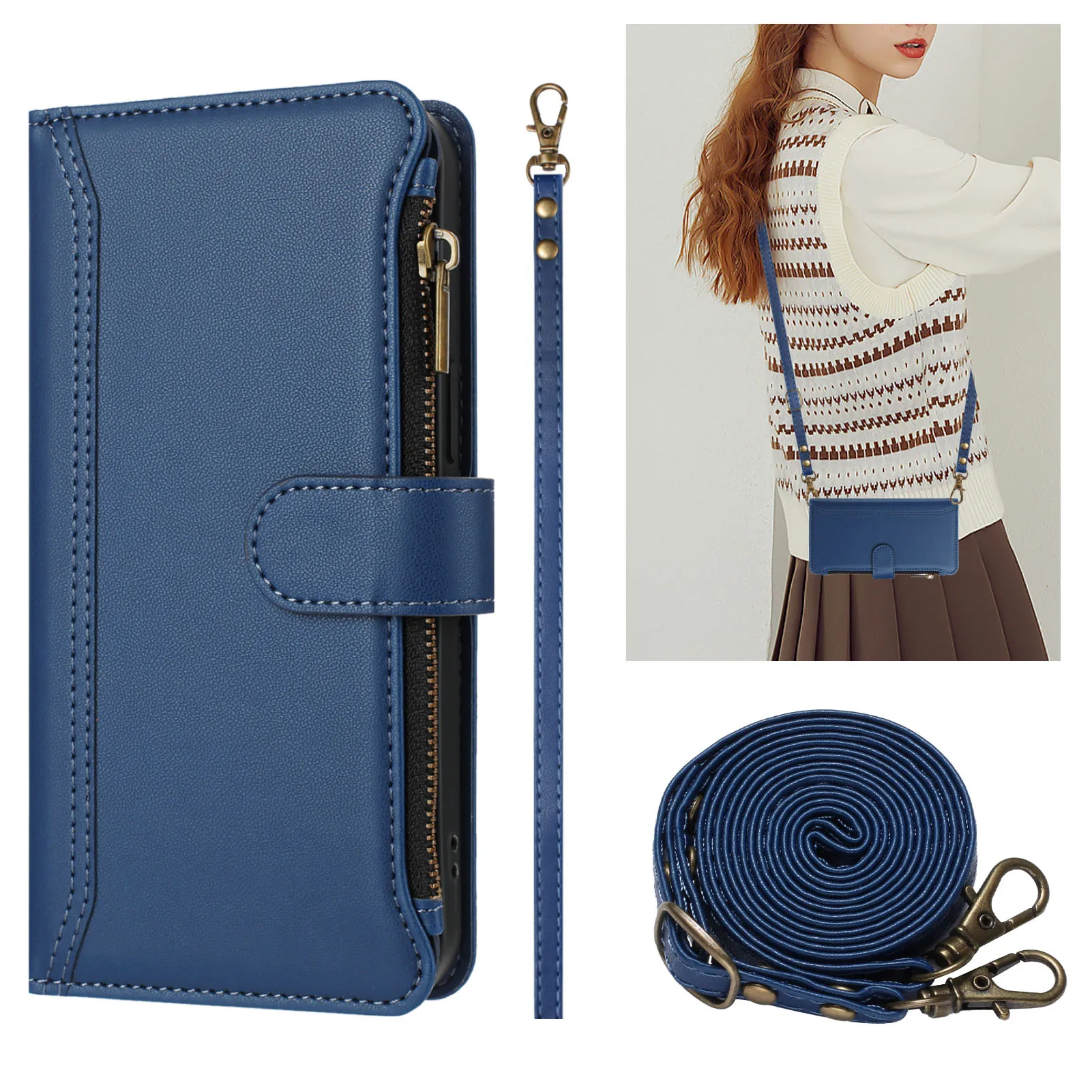 Multi-Card Leather Shoulder Wallet Case with Wireless Charging and Lanyard Flip Cover