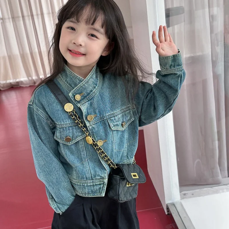 

Girls' Jean Jacket Spring New Casual Stand Collar Washed Short Denim Top Children One Piece Dropshipping