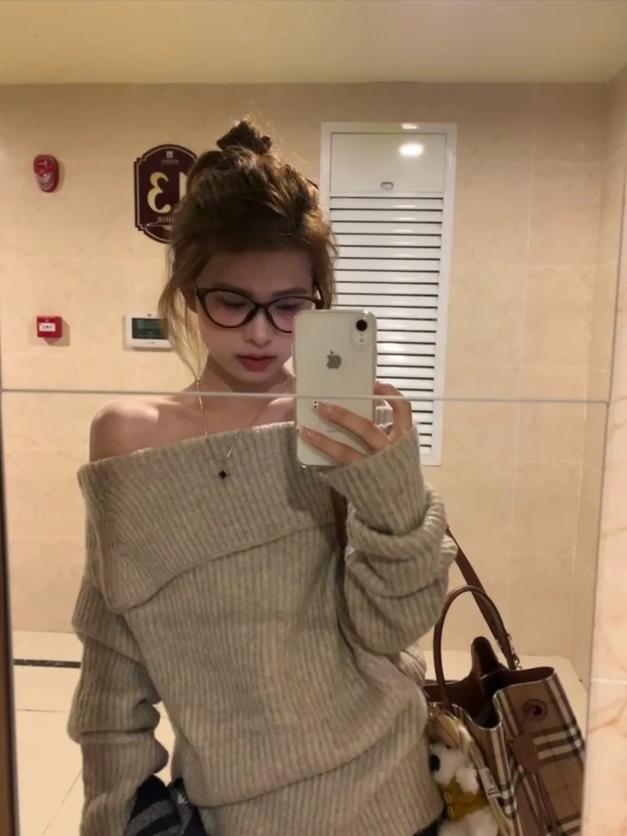 Ele Loose Knitted Sweater oulder Bared Large Collar Women's Autumn Winter Warm Thiened Casual Sle Pure Color Top