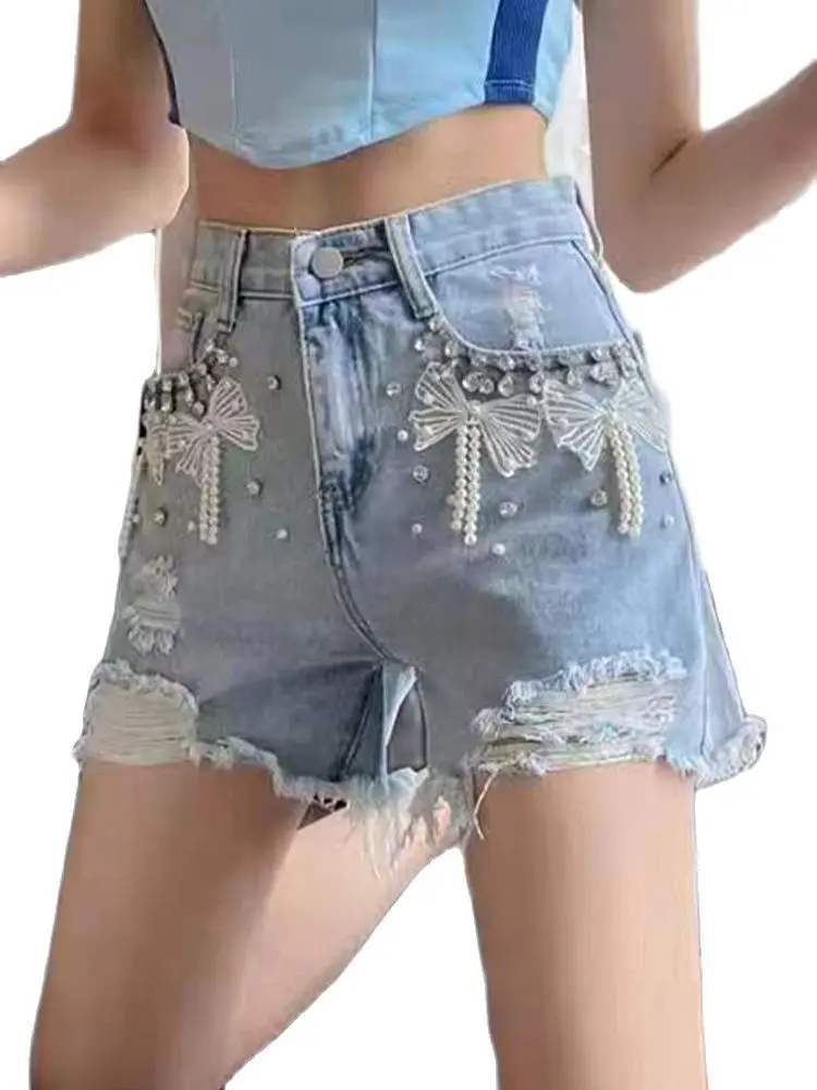 

Fashion Waist Beads Denim Shorts 2022 Summer New Beaded Loose Thin High Waist Ripped Net Red jeans Hot Pants Women'S Clothing