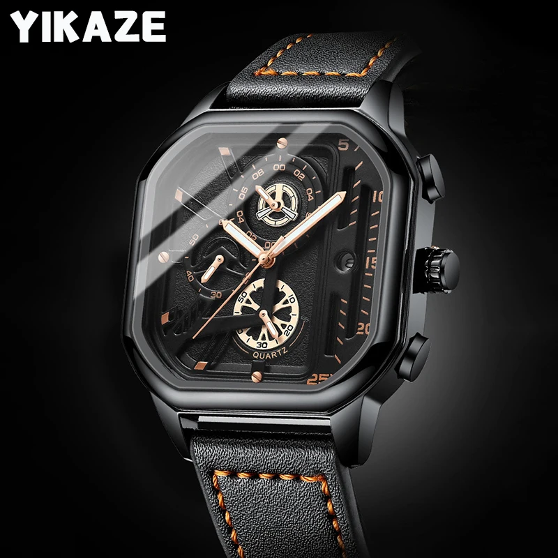 

YIKAZE Men's Watch Square Chronograph Sports Wrist Watch For Men Leather Clock Waterproof Luminous Calendar Business Watch