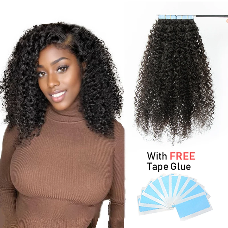 MRS HAIR Tape In Deep Curly Human Hair Extensions 20pcs For Add Hair Volume Cuticle Remy With Free Tape Glue