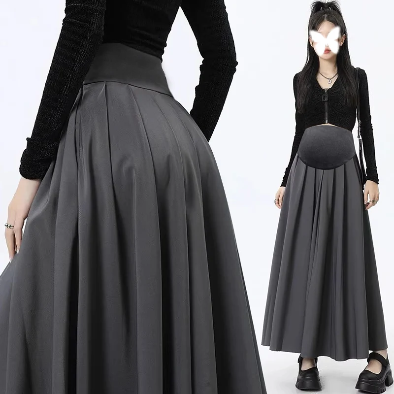Spring Maternity Pleated Skirt with Pockets Large Hem Pregnant Woman Long Loose Suit Skirts Tall Lady Belly Skirts Formal