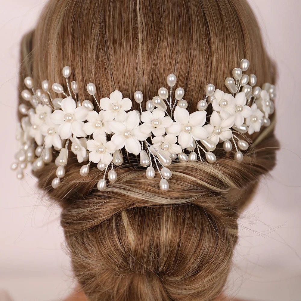 Hair Accessories Bridal Hair Accessories Trendy Birde Hair Accessories Wedding Head Jewelry White Ceramic Flower Gril Headdresses For Women Bridal Hair Comb Headpieces
